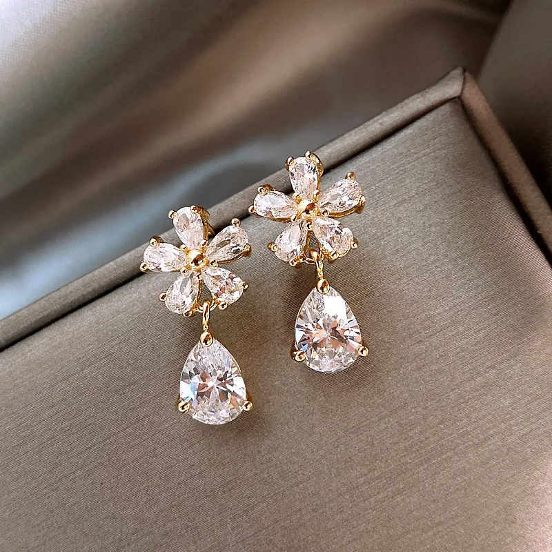 S925 Silver Needle Korean Waterdrop Flower Earrings Women's Light Luxury Retro Style Earrings Exquisite Jewelry Accessories