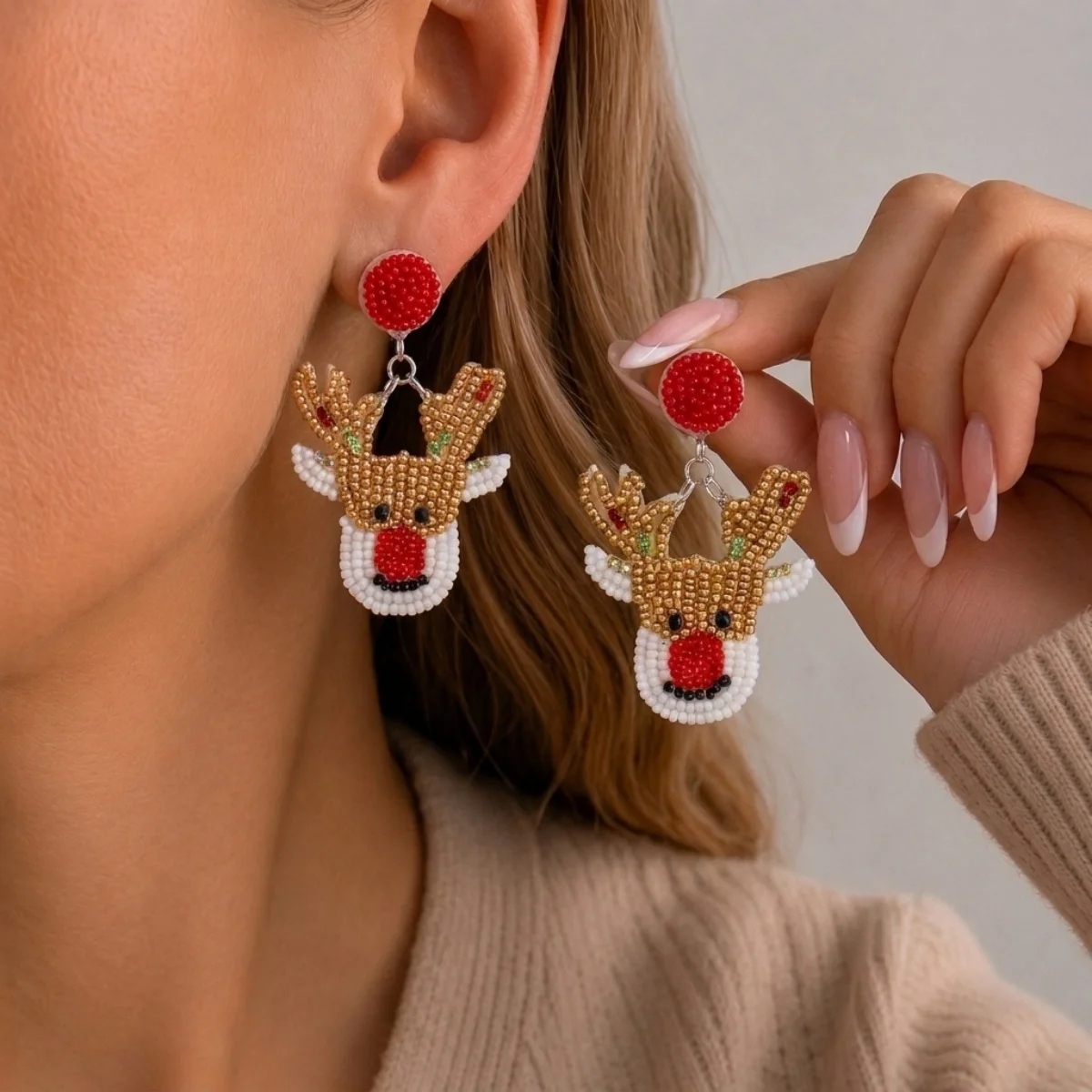 Weihnachtliche Ohrringe in Form eines Hauses mit Reisperlen für Damen, bunte Perlen, Weihnachtsmann, Rentier, Schneeflocke, Baum, Schleifen-Ohrringe, Schmuck. – Detail 10