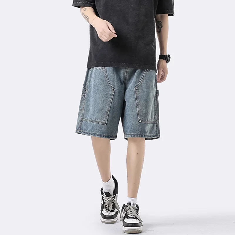Pantalones cortos de mezclilla holgados para hombre, ropa de calle de gran tamaño, Hip Hop, moda coreana, ropa Kpop Vintage, azul, Y2k, Verano