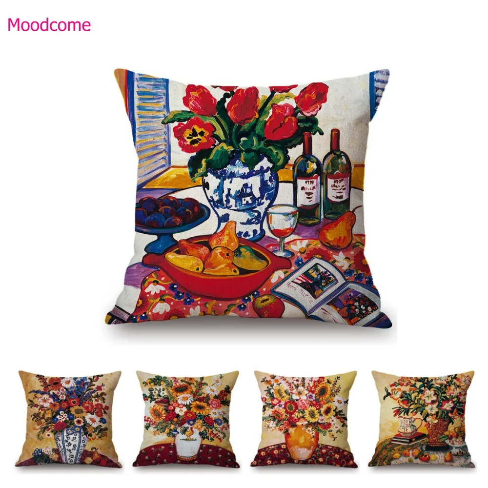 Modern Art Abstract Flower Oil Painting Flower Vase Still Life Floriculture Cinema Lobby Decoration Pillow Case Cushion Cover