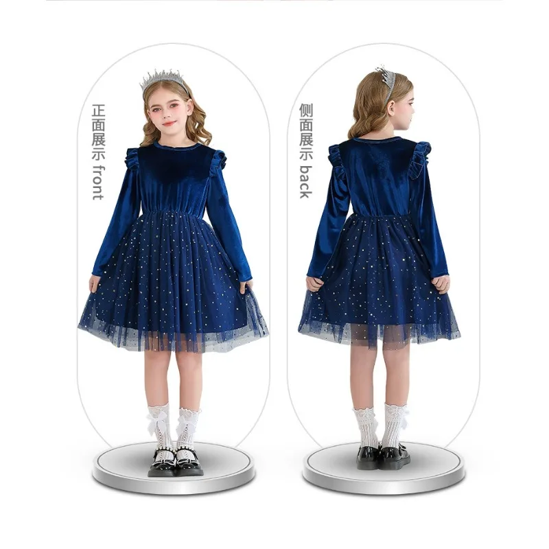 Винтажное платье с длинными рукавами и рюшами, костюм принцессы для рождественской вечеринки, детский зимний костюм, сетчатая юбка со звездами