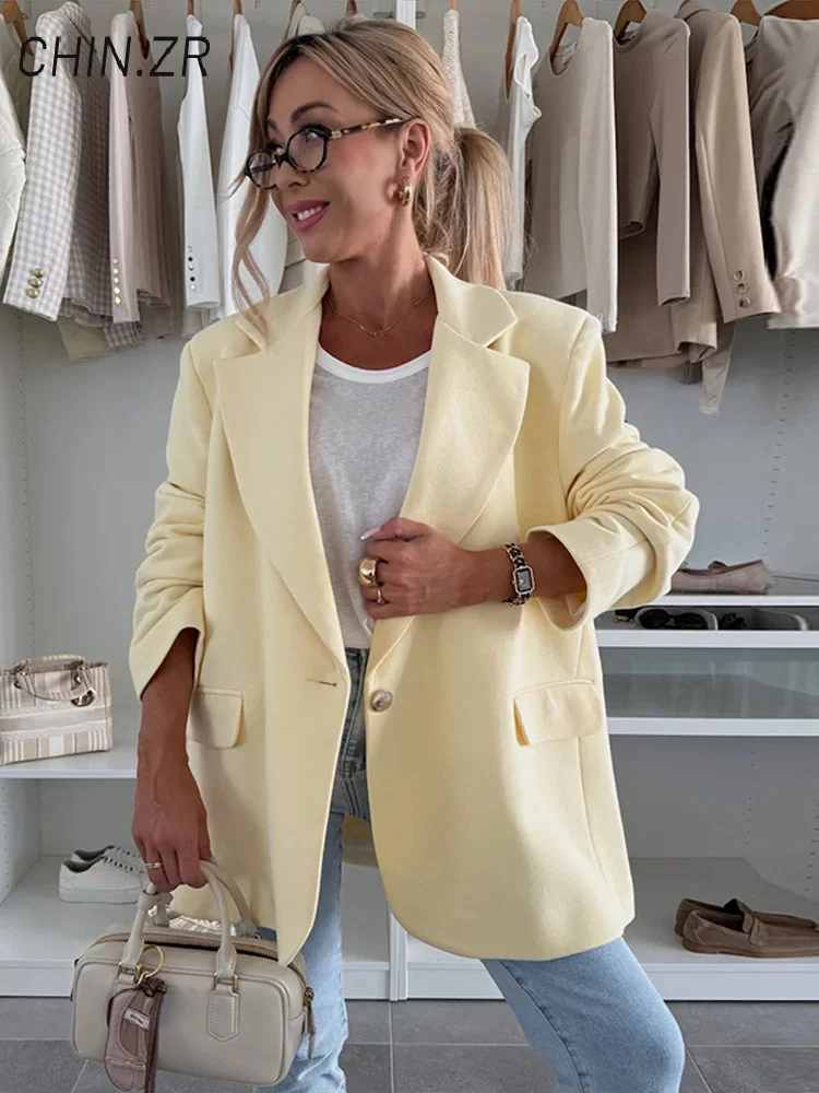 

Fashion Women's Solid One Button Suit Jackets Loose Shoulder Pads Full Sleeve Female Blazers 2025 Autumn Lady Commute Outwear