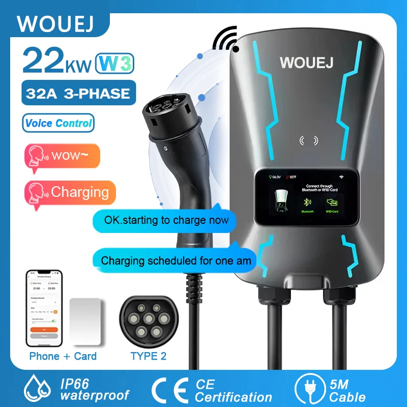 WOUEJ EV Charging Station W3 Type 2 22KW 32A 3 Phase Electric Vehicle Charger Wallbox  APP Voice  Control RFID Card  LCD Screen