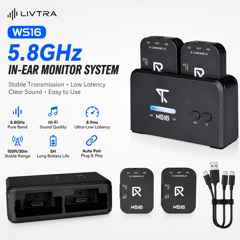 IN STOCK LIVTRA WS16 In‑Ear Monitor System 5.8GHz Transmitter Receiver For Electric Guitar Stage Performance With Audio Cable
