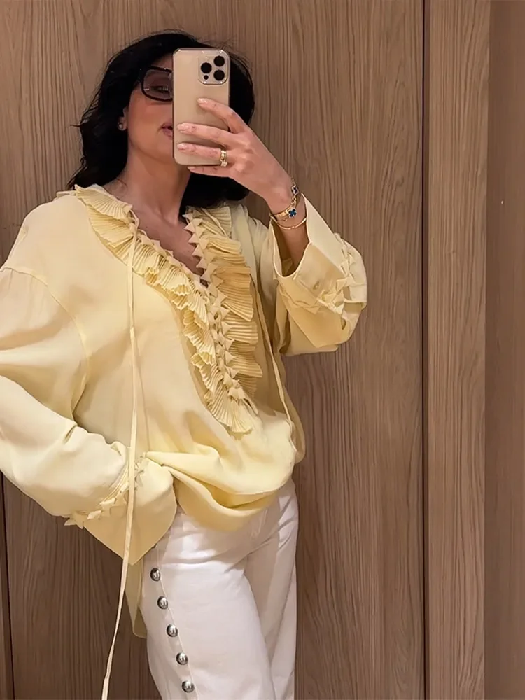 Women Casual Solid Ruffles Full Sleeve Chiffon Shirt Loose V Neck Long Sleeves Street Blouses 2025 Spring Summer Holiday Tops