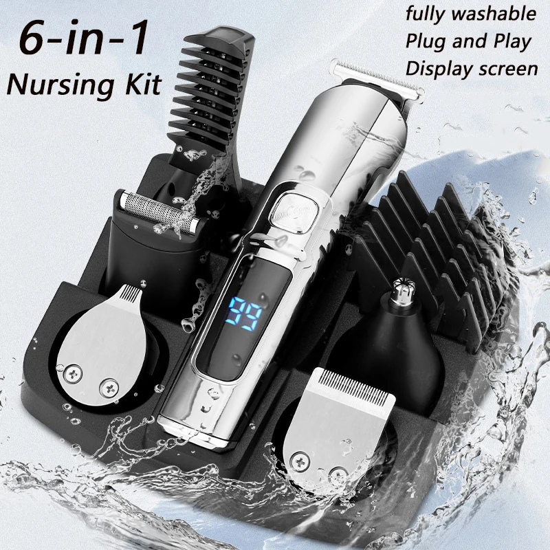 6-in-1 All In One Hair Trimmer For Men Face & Body Grooming Kit Beard Hair Clipper LCD Electric Shaver Washable Trimer Nose