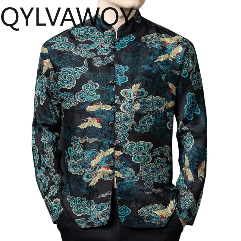 QYLVAWOY Men's Shirts Mulberry Silk Long Sleeves Tops Shirts for Man Frog Button Man Shirt Chinese Style Clothes for Man Retro