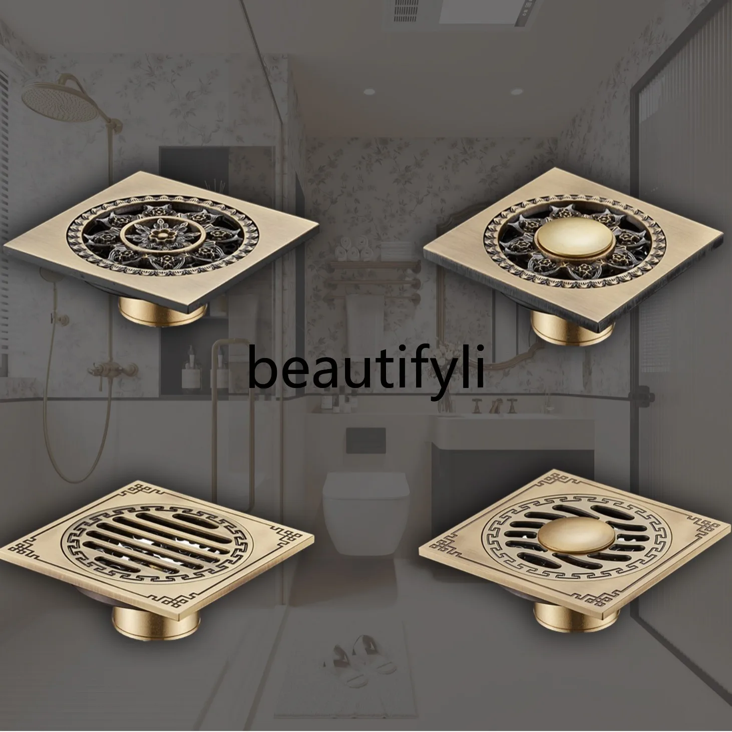 European antique all-copper self-priming anti-odor floor drain anti-overflow copper floor drain multi-color pattern