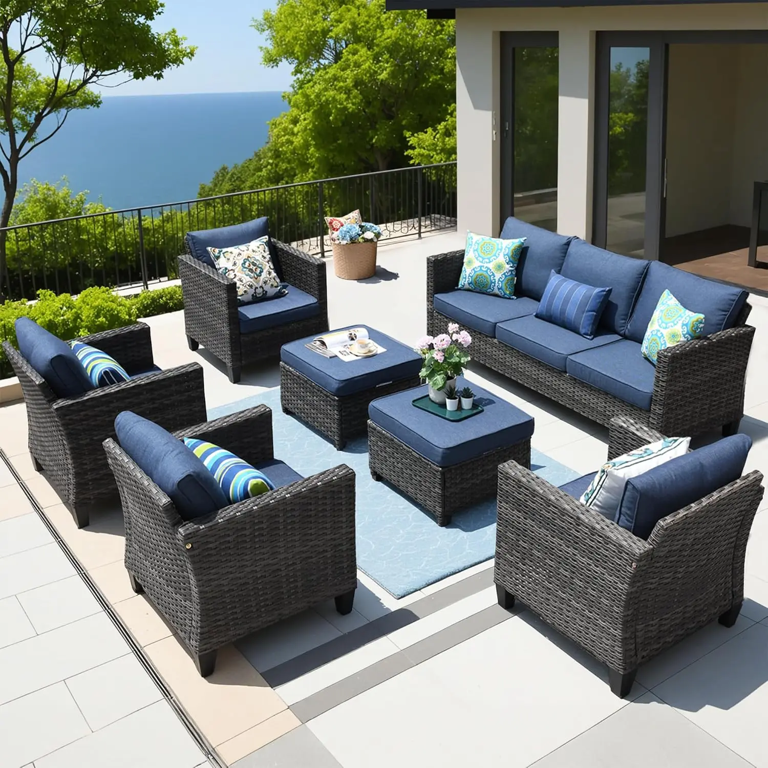 

Patio Furniture Set, 7 Pieces Outdoor Wicker Sofa Couch with 4 Chairs, Ottomans and Comfy Cushions, All Weather, Customized
