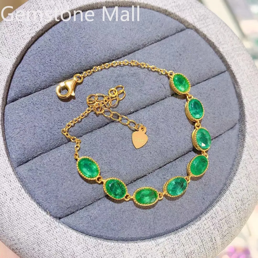 Luxury 925 Silver Emerald Bracelet for Wedding 4mm*6mm Total 3.2ct Natural Emerald Silver Bracelet with 3 Layers Gold Plating