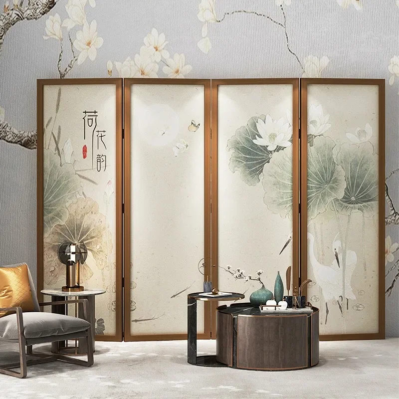 New Chinese solid wood screen partition living room hotel bedroom dining room office semi-transparent lotus entrance folding fol