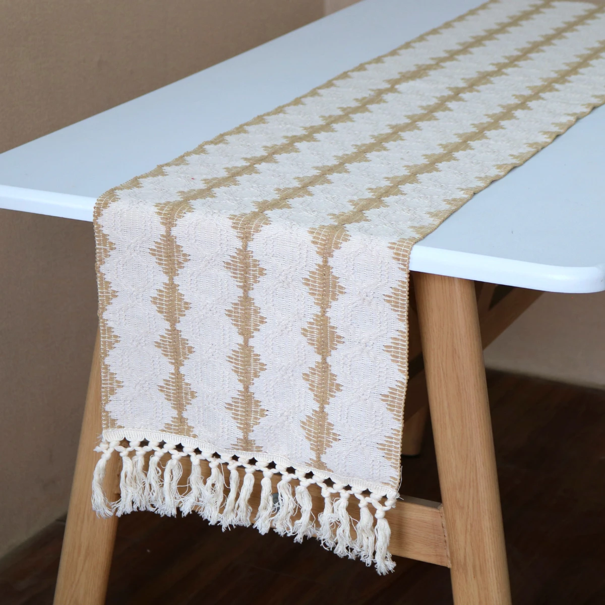 Dining Home Decor Yellowandwhite alternating table flag cotton and linen tablecloth handmade tassel tea mat home long decorative