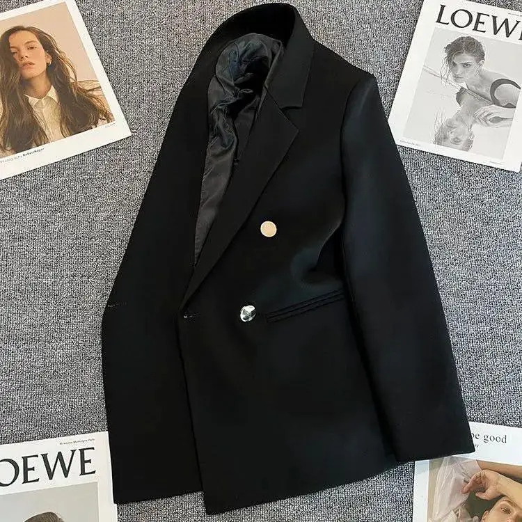 

Bla Metal Button Suit Jaet Women's Casual Commute Sle Loose Fit Long Sve Pure Color Top Trendy Korean Faion