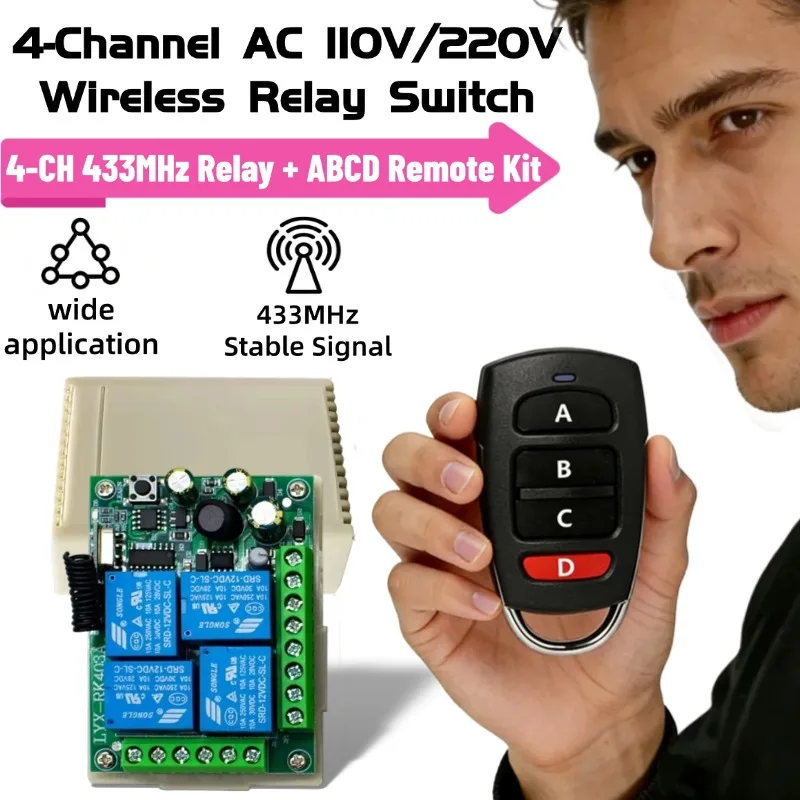 433Mhz Universal Wireless Remote Control Light Switch AC 220V 230V 4CH RF Relay Receiver 60m Range for Light/Garage Door/LED DIY