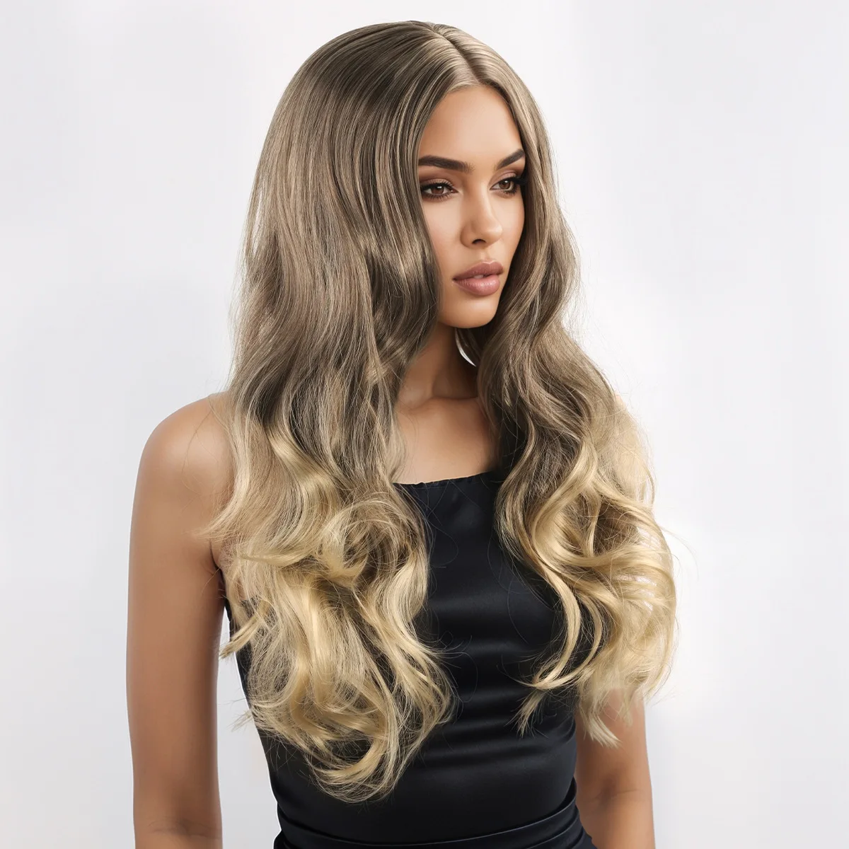 European and American cross-border new big wave wig for women, black gradient gray long curly hair-Synthetic fiber wig