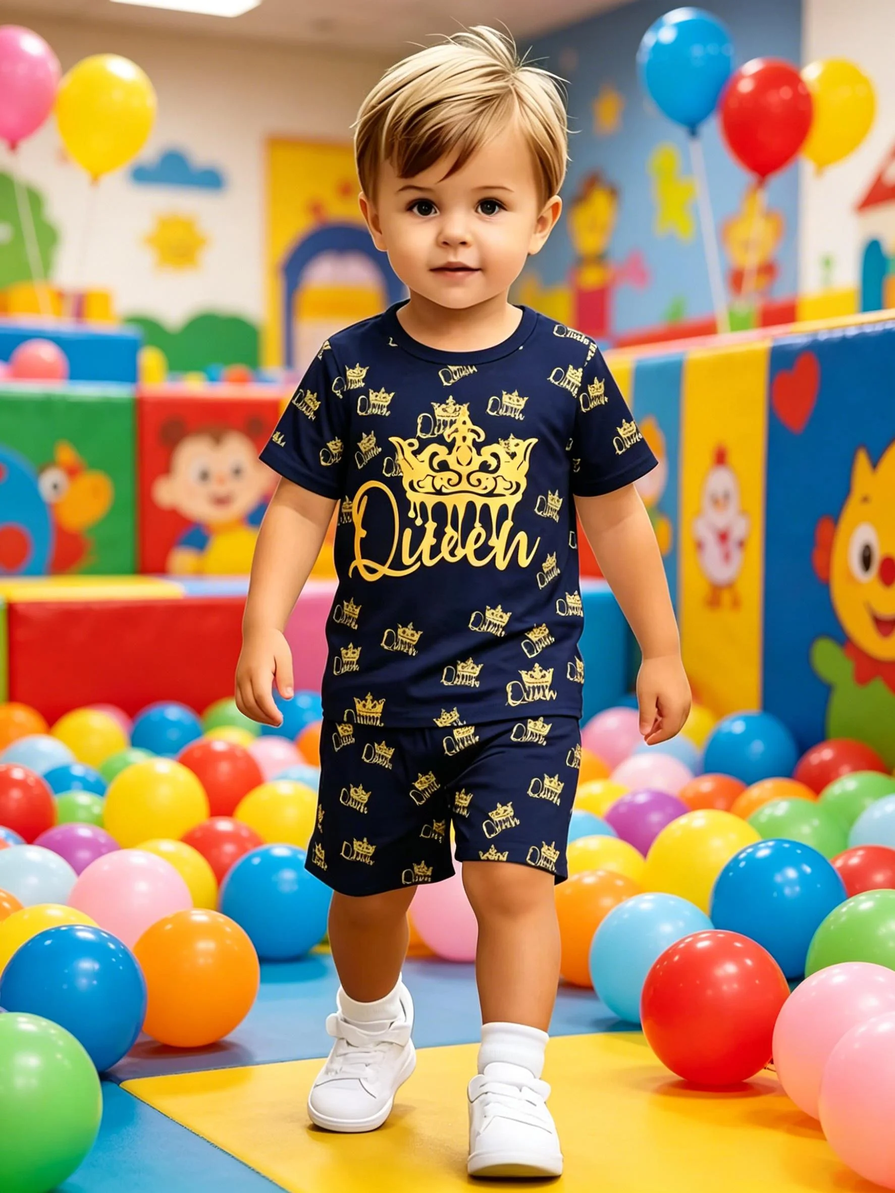 Crown Letter Print Set Boys Navy All Over Print Short Sleeve Same Print Shorts Cool Style