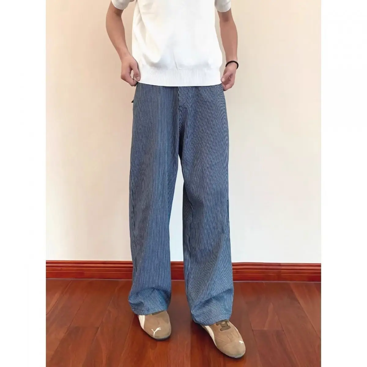 Men's Blue Vertical Stripes Sweatpants Commuting Style Boy Vibe Casual Pants Spring Bottom Male High Waist Y2k Trousers