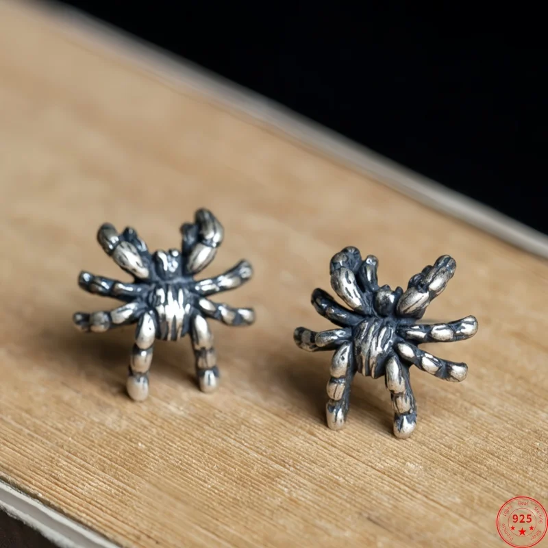 

NEW Real S925 Sterling Silver Charms Stud Earrings for Women Ancient 3D Spider Ear Stud Fashion Punk Fine Choice Jewelry
