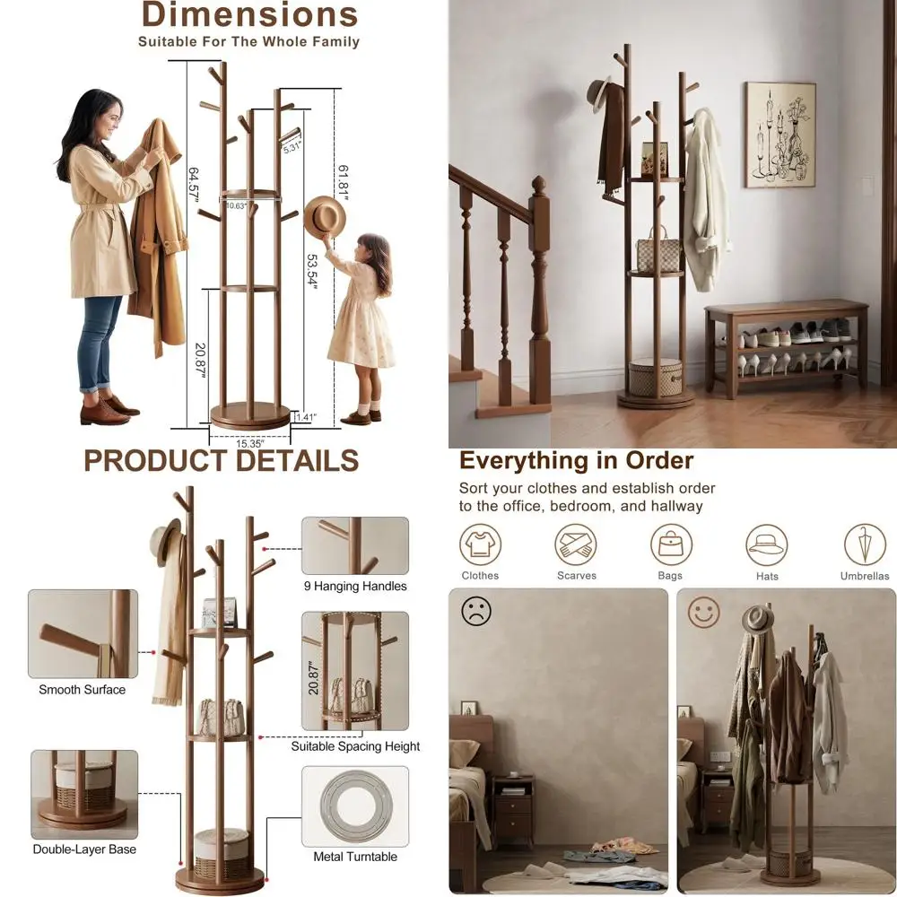 

Walnut Freestanding Coat Rack with 3 Shelves & 9 Hooks for Home, Ideal for Coats, Accessories