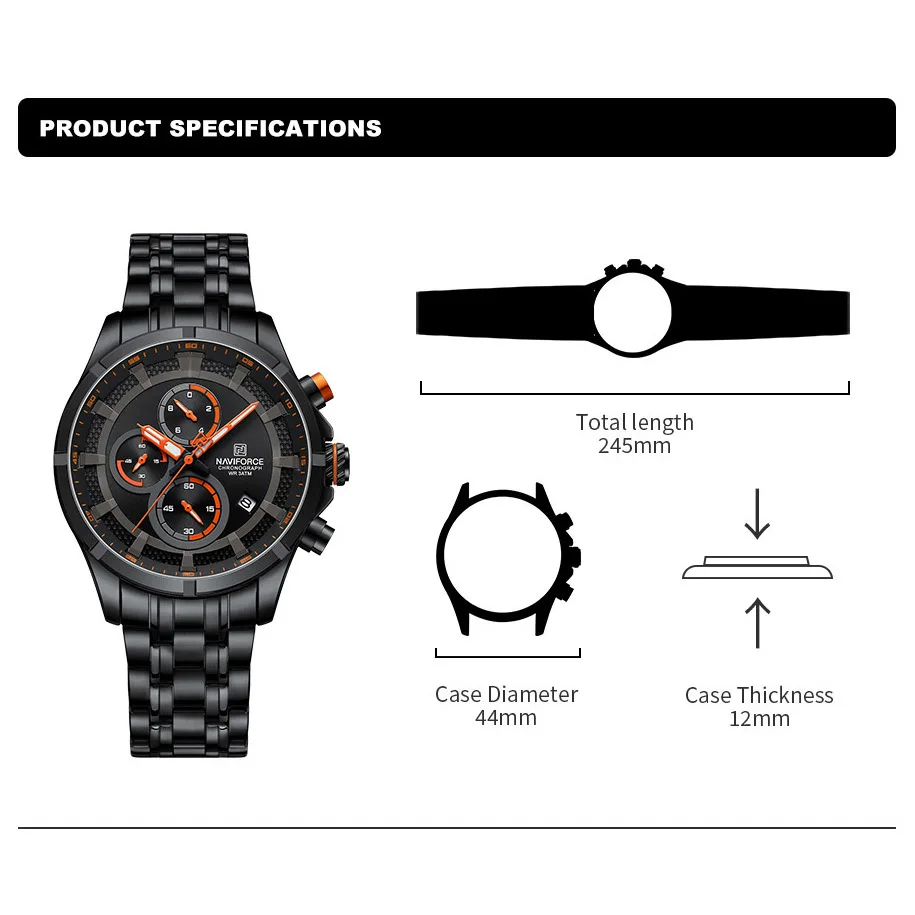 NAVIFORCE Luxury Men Watch Waterproof Luminous Sport Stainless Steel Strap Date Quartz Wristwatch Chronograph Clock Reloj Hombre