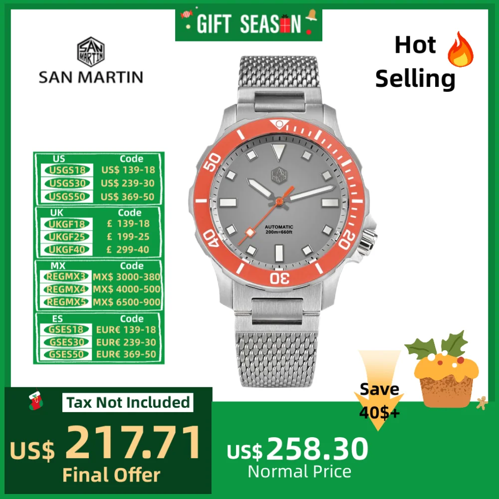 San Martin 39.5mm Wrist Watch For Men Automatic Sports Dive Wristwatch 20Bar Self-Wind Milanese Mesh Bracelet BGW-9 Lume SN0085B