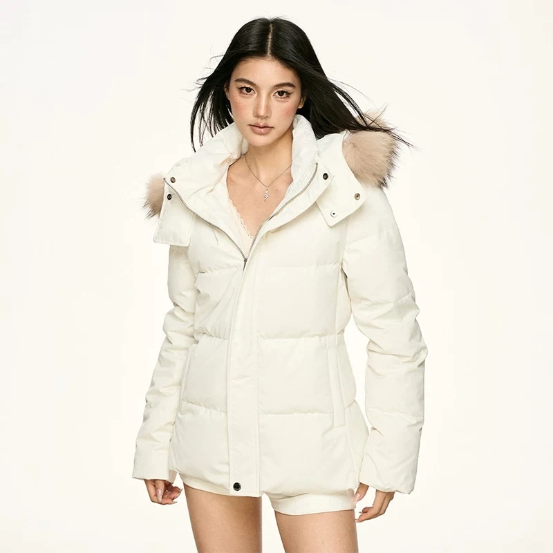 Women Winter Cropped Down Cotton Coat Waist Cinched Petite Korean Style Slim Raccoon Fur Collar Outerwear Streetwear