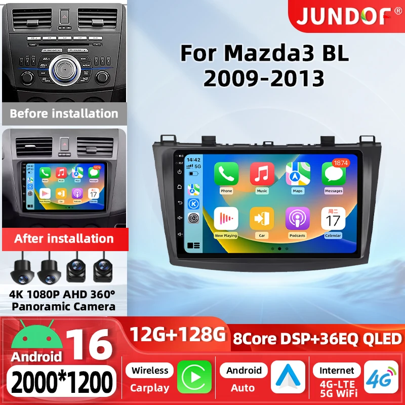 Autoradio para Mazda 3 II, para Mazda3 BL 2010-2012, Android 14, Radio para Auto, Reproductor Multimedia, Unidad Principal, Carplay Inalámbrico, Android Auto