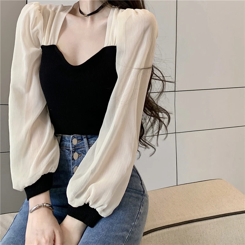 Y2k Blouses Women Chiffon Patchwork Design Female Summer Sweet Breathable Long Sleeve Blouses Solid Slim Elegant Korea Chic Tops