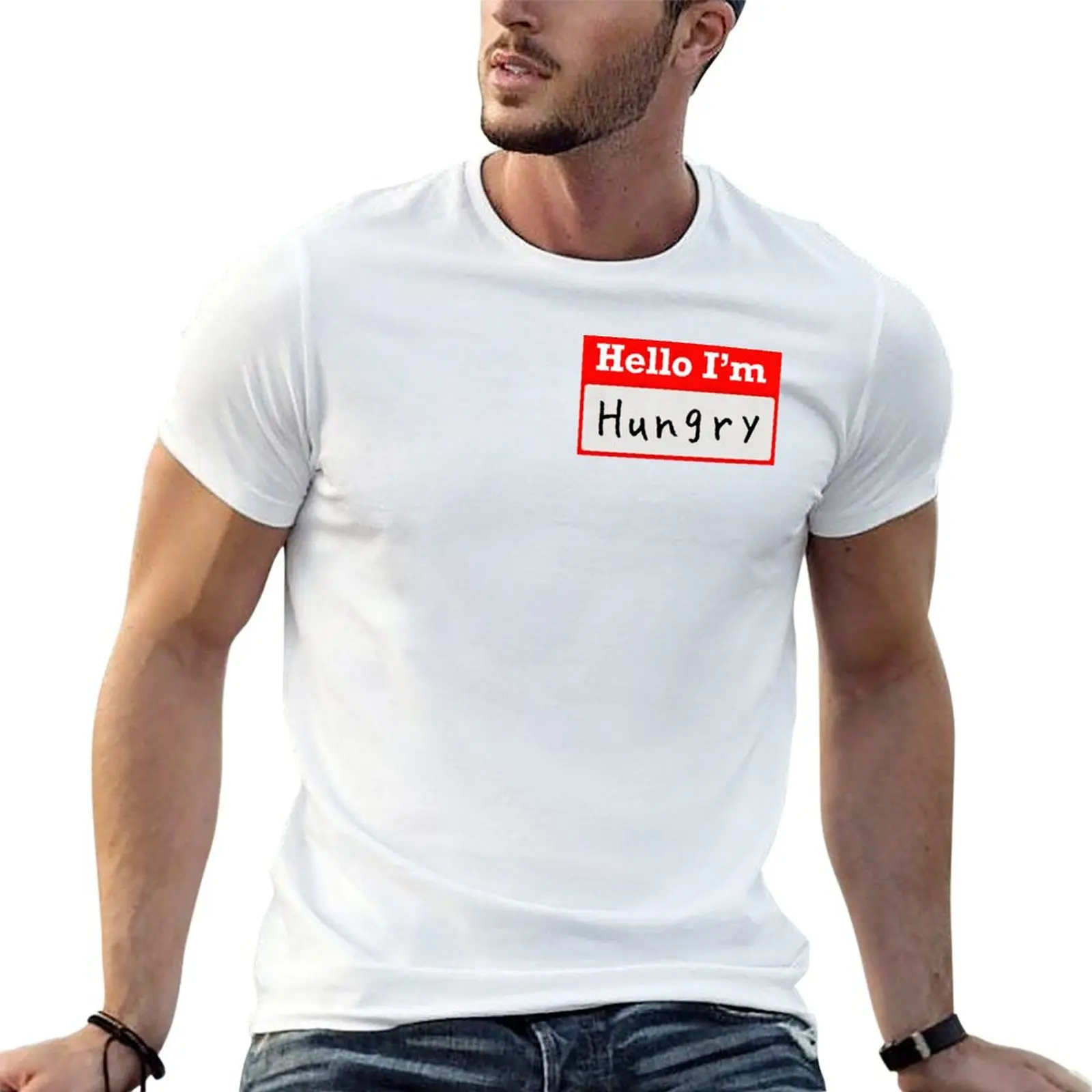 Hello I’m hungry- Name tag T-Shirt Simple Casual Short Sleeve Tee