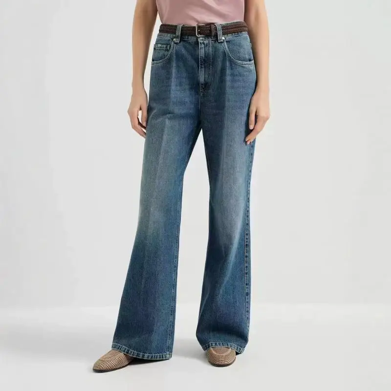 Maxdutti Southern French Minimalist Deep Blue Jeans Woman Clothes Elastic Mid Line Hand Sewn Bead Chain Denim Pants For Women