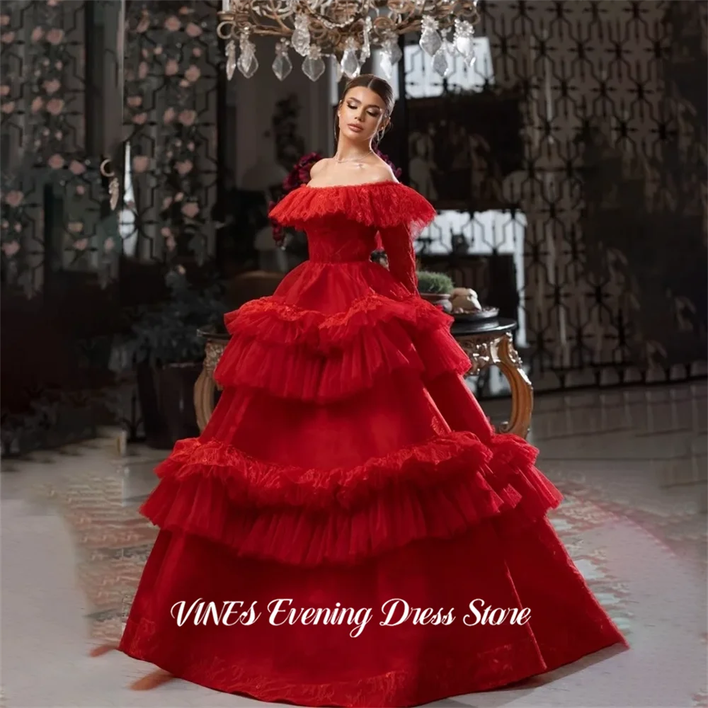 

VINES Red Prom Dresses Off the Shoulder Formal Dresses Long Sleeves Party Dress with Layered Ruffled Dress for Women Customized