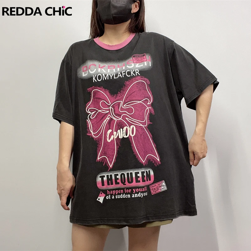 ReddaChic Cotton Graphic Print Black T-shirt Women Grunge Y2k Short Sleeve Contrast Bow Frayed Pullover Top E-girl Retro Clothes