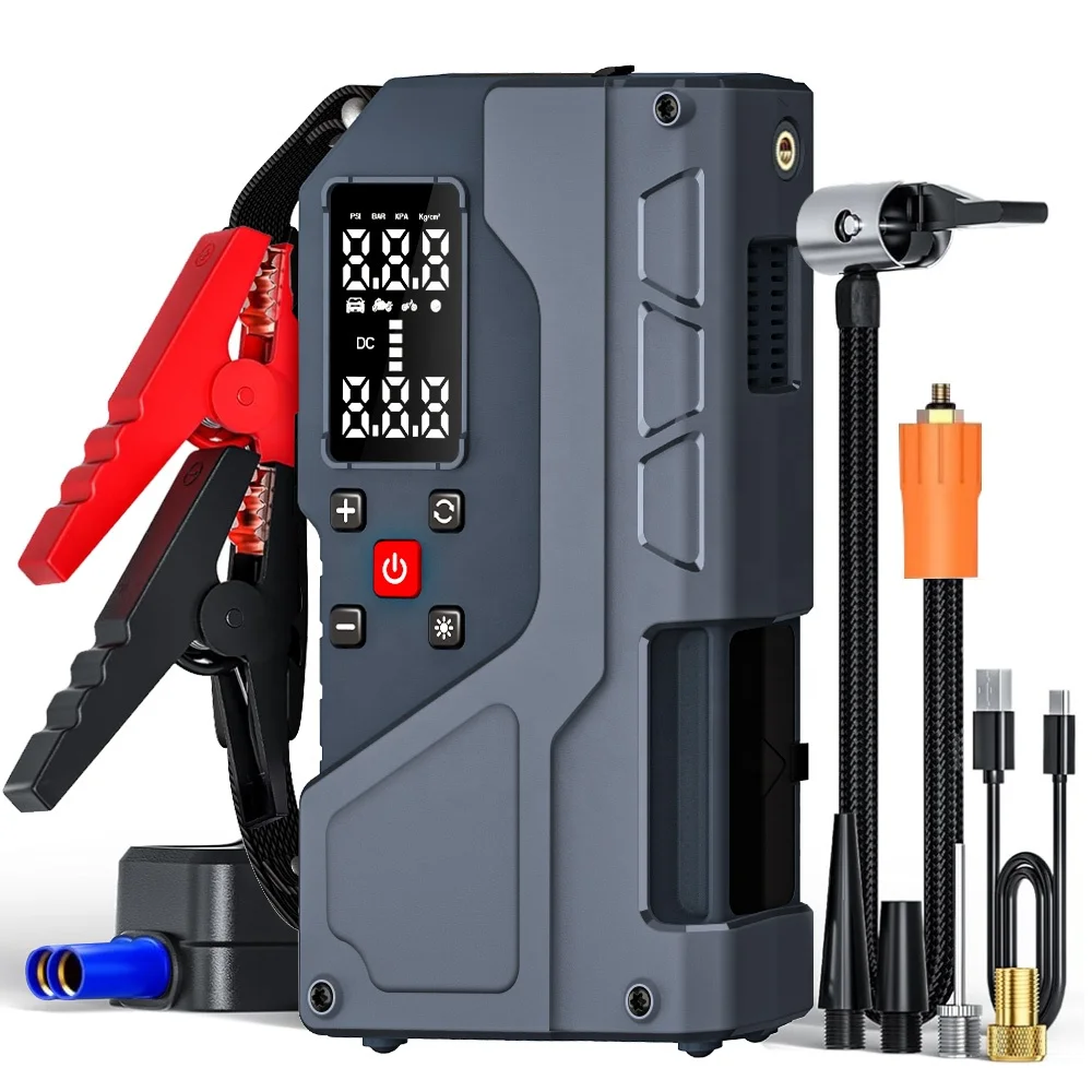 Portable Car Jump Starter Air Compressor Tire Inflator Tire Pressure Monitor 1000A Peak 150PSI 10000mAh USB Emergency Light