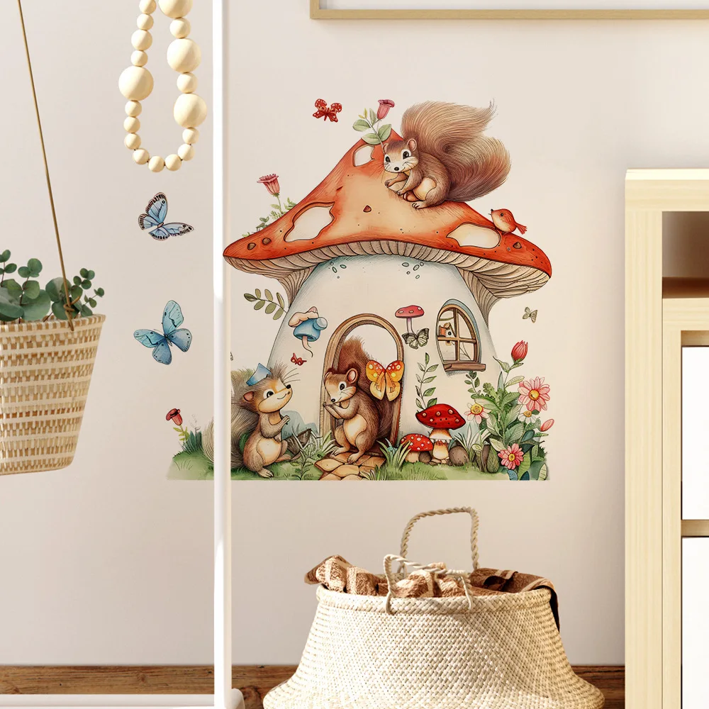 Cartoon Mushroom House Squirrel Children's Room Home Background Decoration Beautification Wall Stickers Decor Decals M921