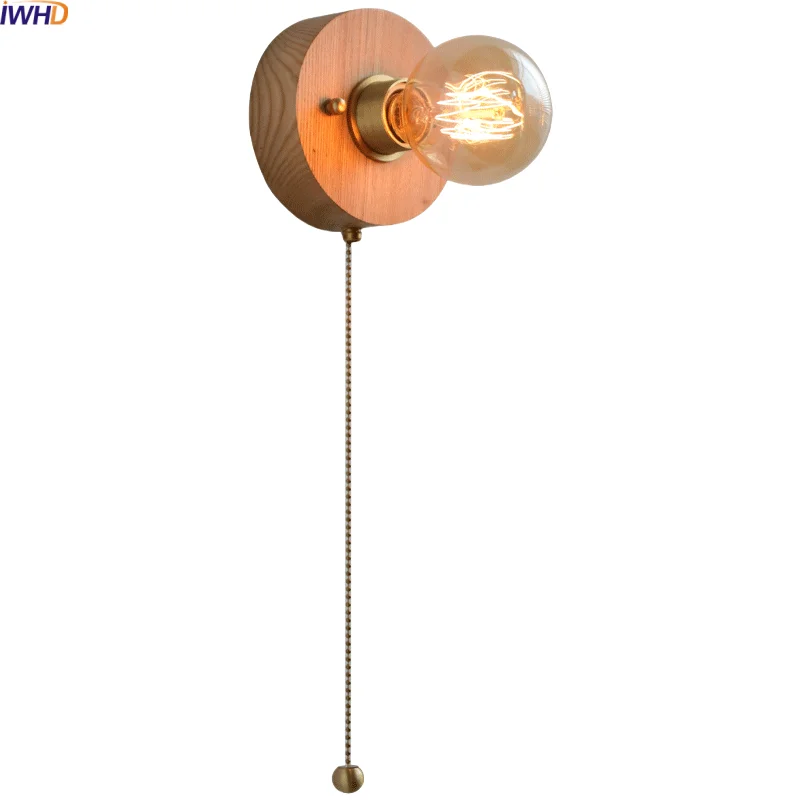 

IWHD Japan Style LED Wall Lamp Indoor 220v Pull Chain Switch Ash Wood Stair Lighting Fixtures Bathroom Mirror Light Wandlamp