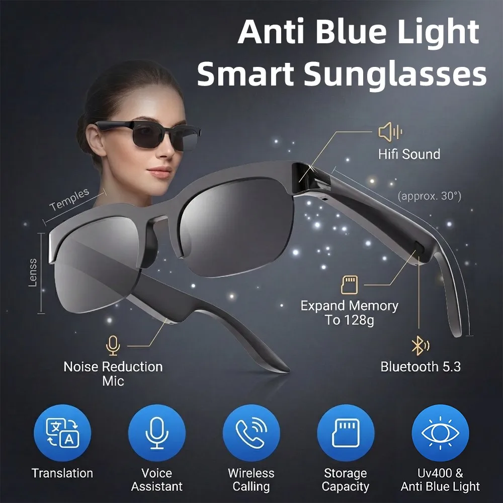 

Smart Glasses AI Translation Anti Blue Light Glasses Sport Bluetooth Call HIFI Sound Waterproof Sunglasses UV400 Support tf Card