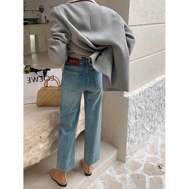 Korean style High-waisted retro jeans women's winter new velvet loose and thin fashion straight wide-leg nine-point pants