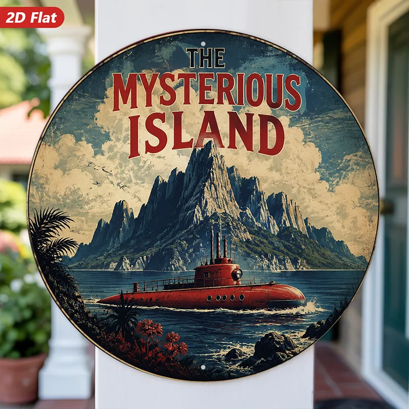 2D Flat, 1pc Mysterious Island Round Metal Sign Wall Art, Vintage Island Peak, Red Submarine, Ocean Waters, Home Decor,