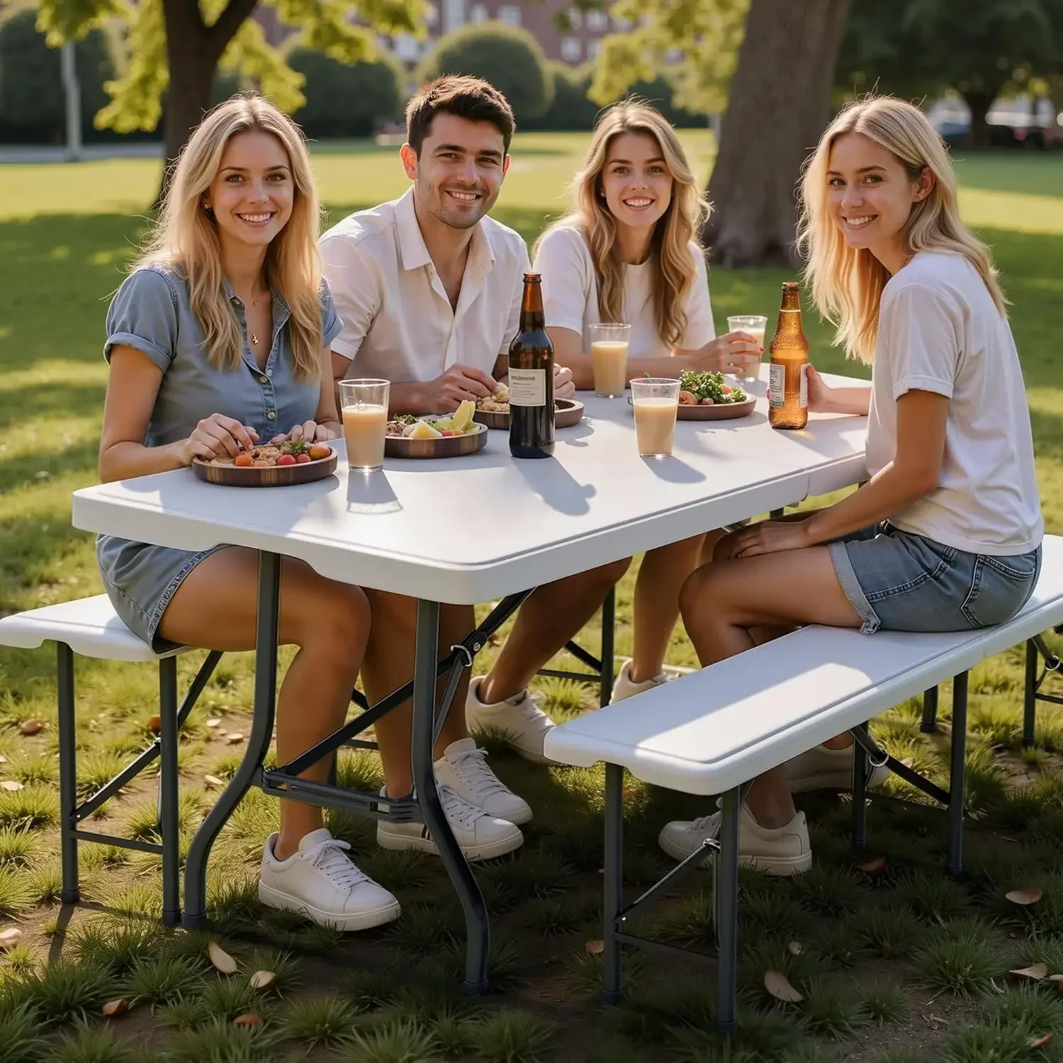 6FT Folding Table Set with 2 Folding Benches, Locking Safety Design, Heavy Duty HDPE Materials, 3-Piece Portable Folding Furnitu