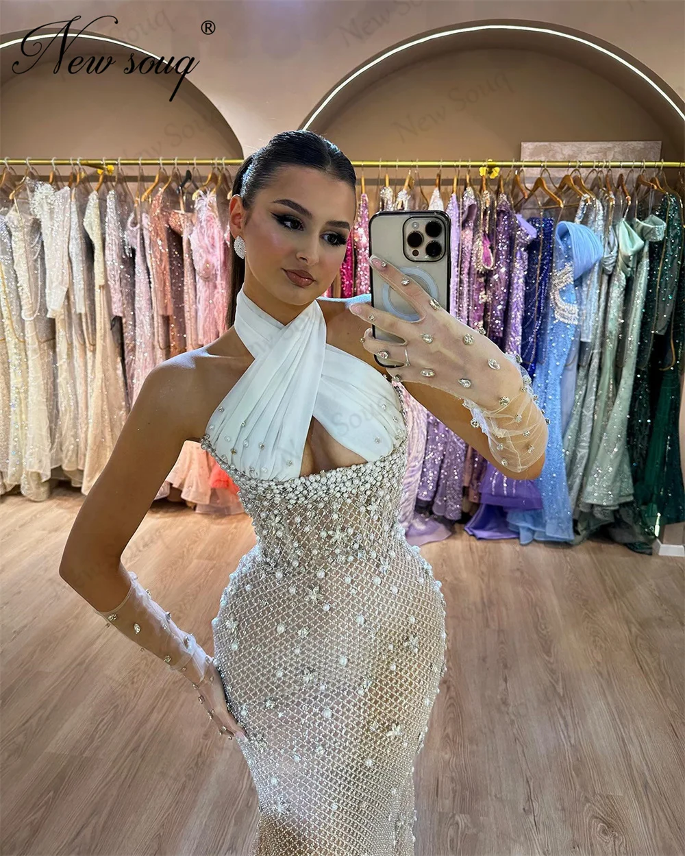 Haute Coutures White Beading Evening Dresses Arabic Dubai Halter Pearls Mermaid Celebrity Dress Weddig Party Gowns Robes Pageant