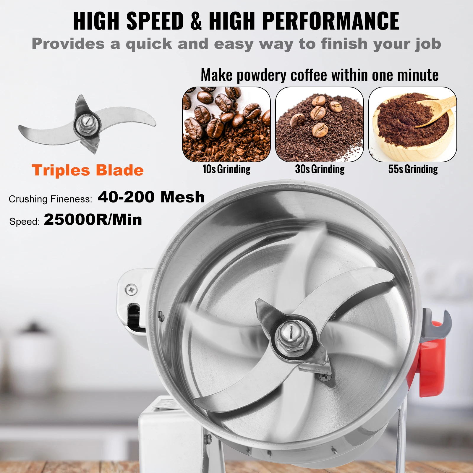 VEVOR Electric Grain Mill Grinder, Stainless Steel Pulverizer Powder Machine, for Dry Herbs Grains Spices Cereals Coffee Corn