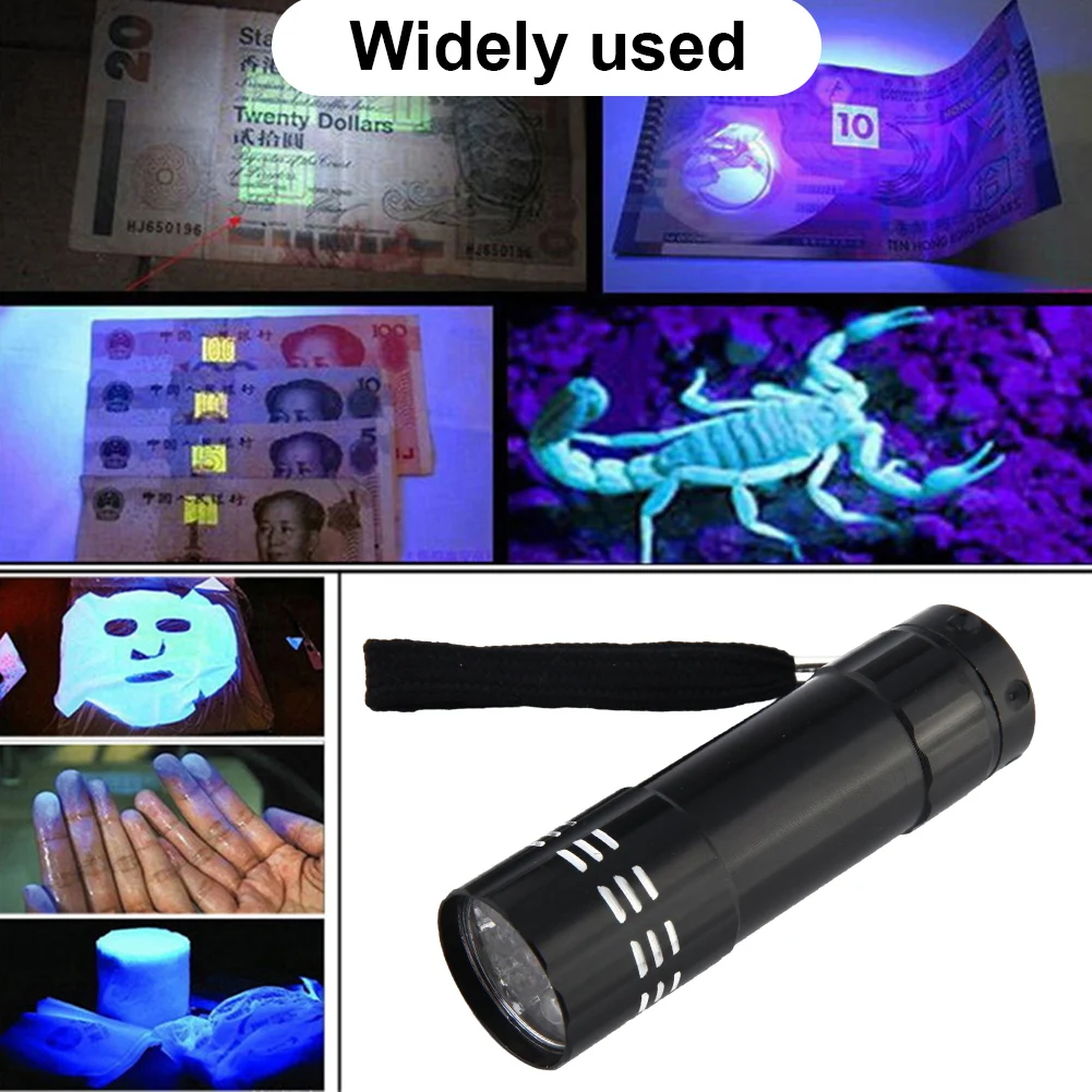9 LED Mini Ultraviolet Torch 50LM 395nm Handheld Ultraviolet Detector Waterproof Portable for Fluorescent Agent/ Currency Test