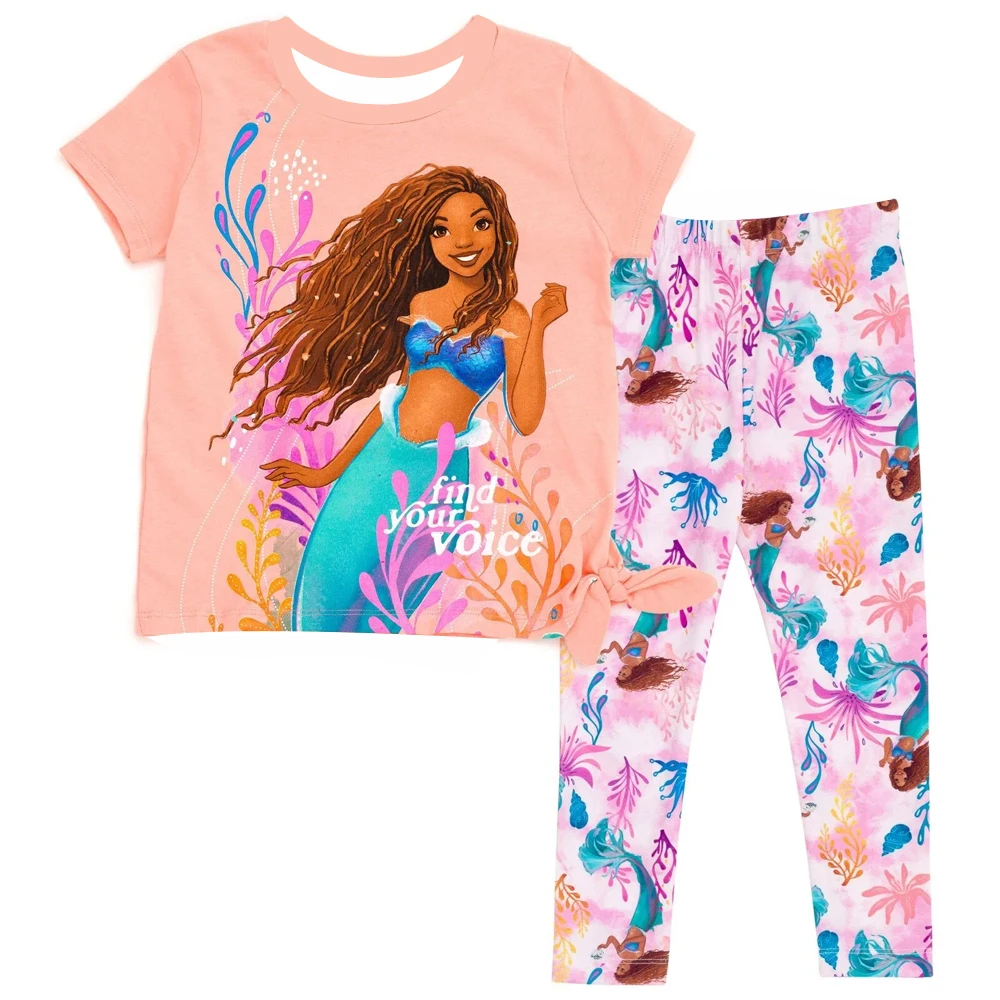 

Girls The Little Mermaid 2-Piece Set T-Shirt Coral Reef Print Pyjama Trousers "Find Your Voice" Slogan Ariel Sleepwear For Kids