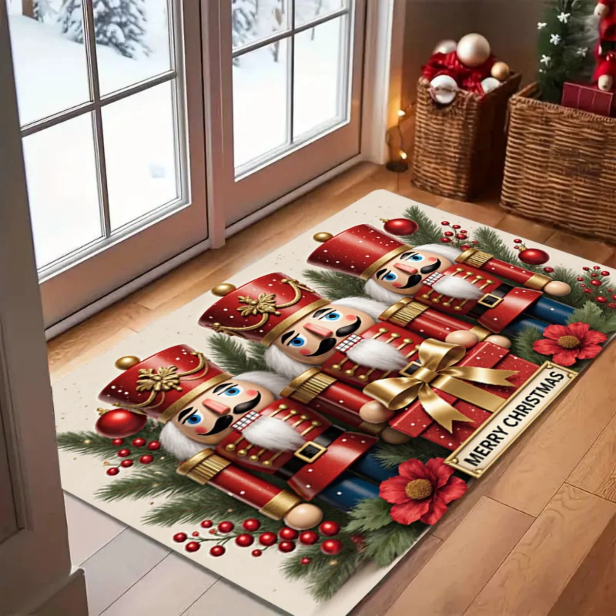 Colorful Nutcracker Soldier Pattern Doormat Christmas Toy Floor Mat Non-slip Entrance Rug Festive Holiday Decor Welcome Mat
