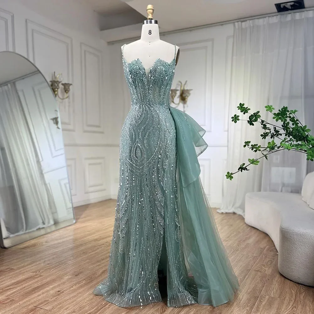 Serene Hill  Sky Blue Spaghetti Strap Evening Dresses Gowns 2024 Mermaid Beaded Overskirt LA72378  Customized