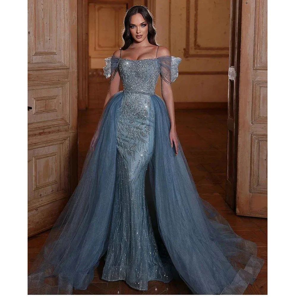 

Exquisite Sequined Appliques Evening Dress Detachable Train Chapel Train Vestidos Elegant Women Sleeveless Special Event Mermaid