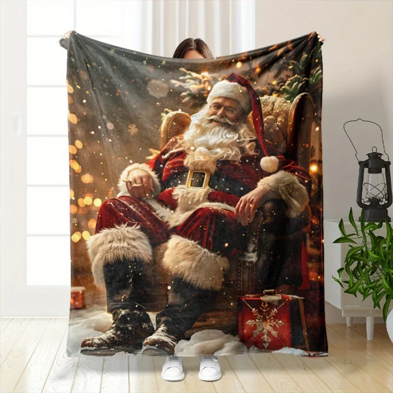 Vintage Sitting Santa Claus Glowing Bokeh Background Print, Soft Warm Decorative Blanket for Sofa Couch Bed