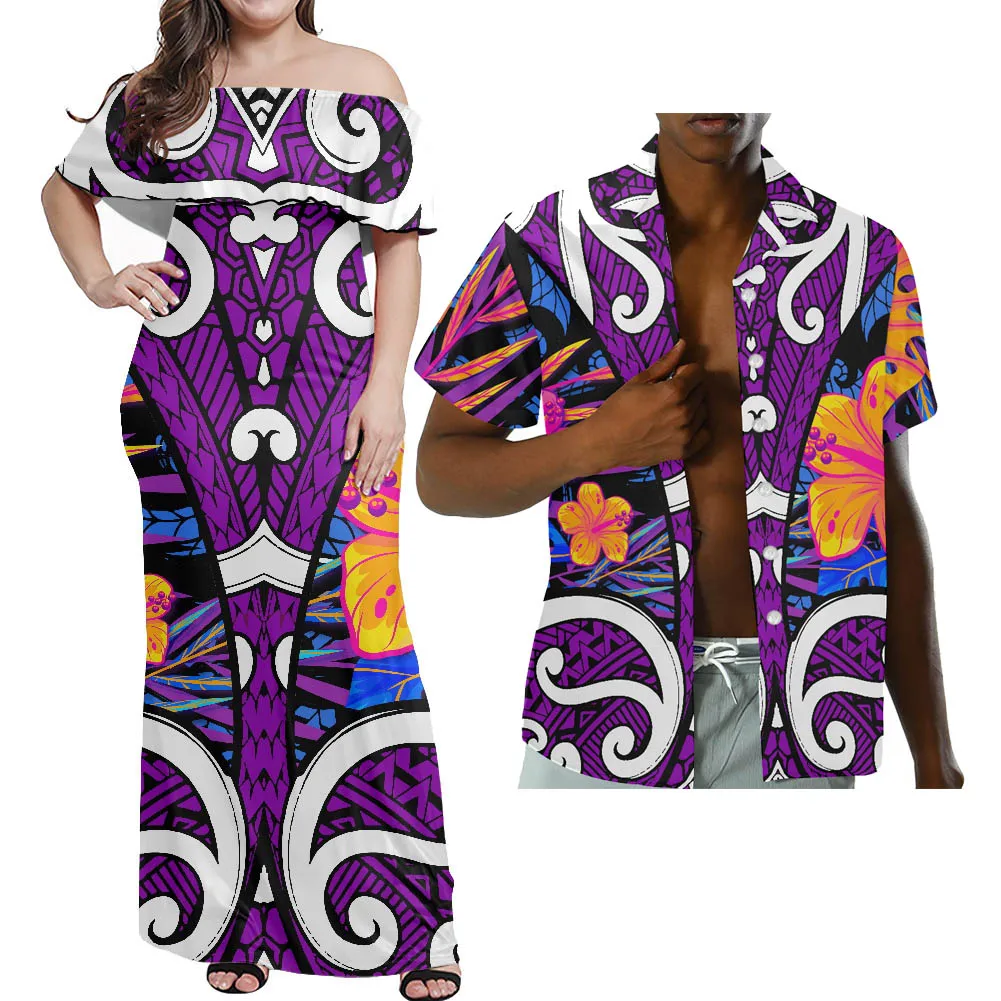 

HYCOOL Sexy Off Shoulder Purple Dress Women Polynesian Tribal Couple Matching Clothing Set Elegant Bridesmaid Dress For Weddings