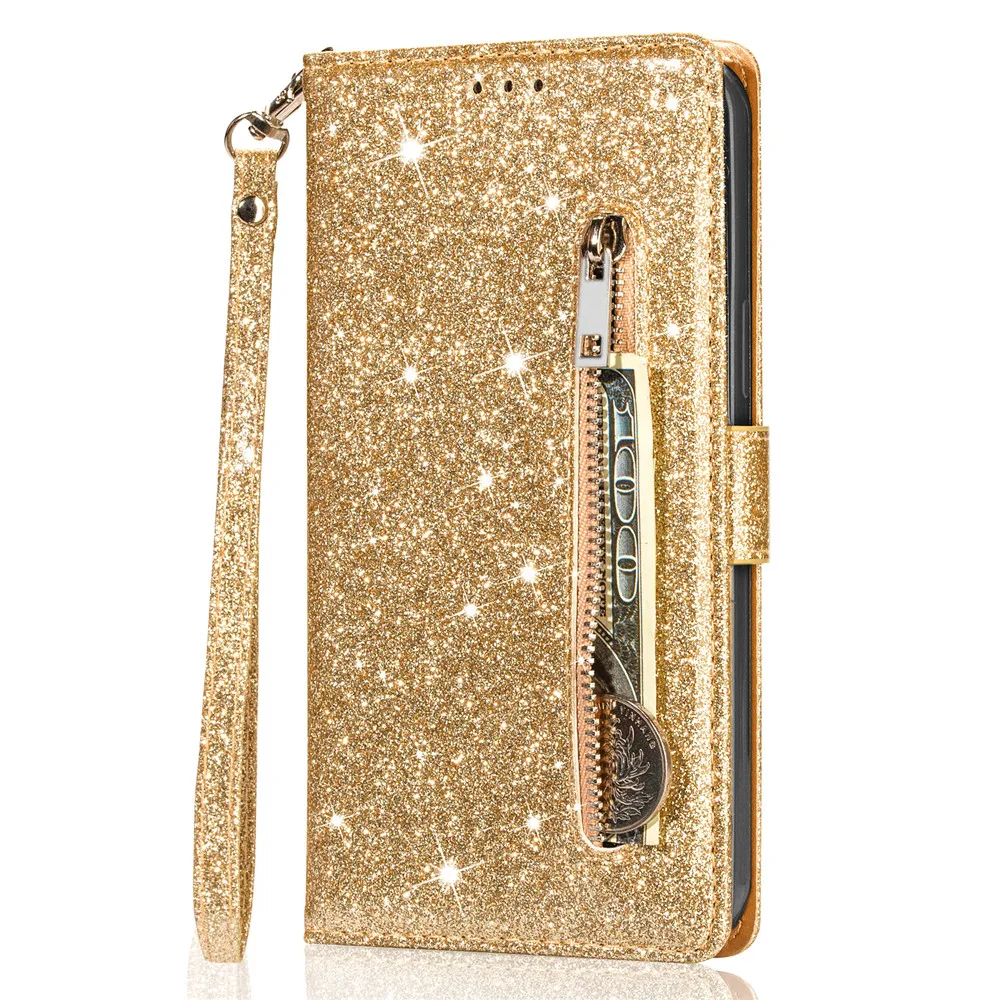 Reißverschluss-Flip-Brieftaschen-Hülle aus Glitzerleder für iPhone 18 17 16 15 14 13 12 11 Pro Max XS XR 8 7 Plus SE 16E Mini Bling Handyhülle – Detail 17