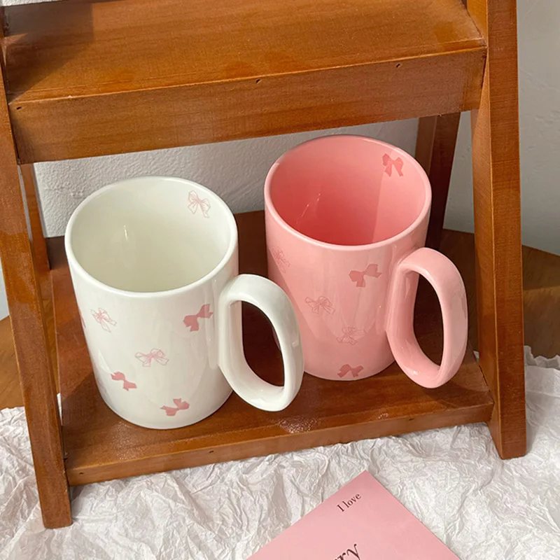 450ml Pink Ceramic Coffee Cup Delicate Bow Ice Cream Ceramic Mug Home Coffee Mug Breakfast Milk Dessert Goblet Birthday Gift New